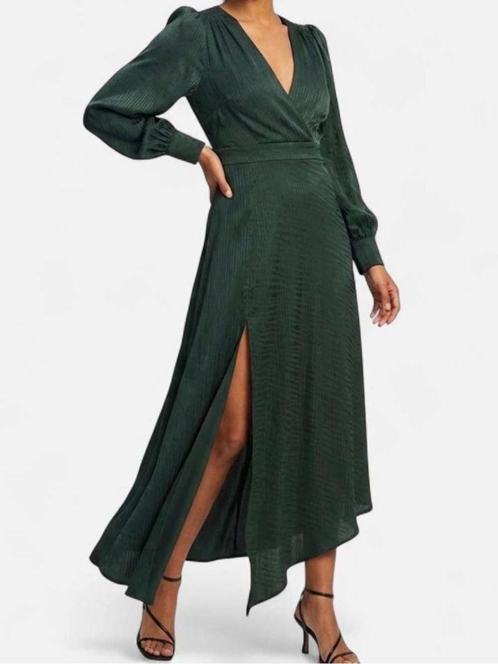 Ronny Kobo Green Long Sleeve Wrap Midi Dress W/ Thigh Slit
